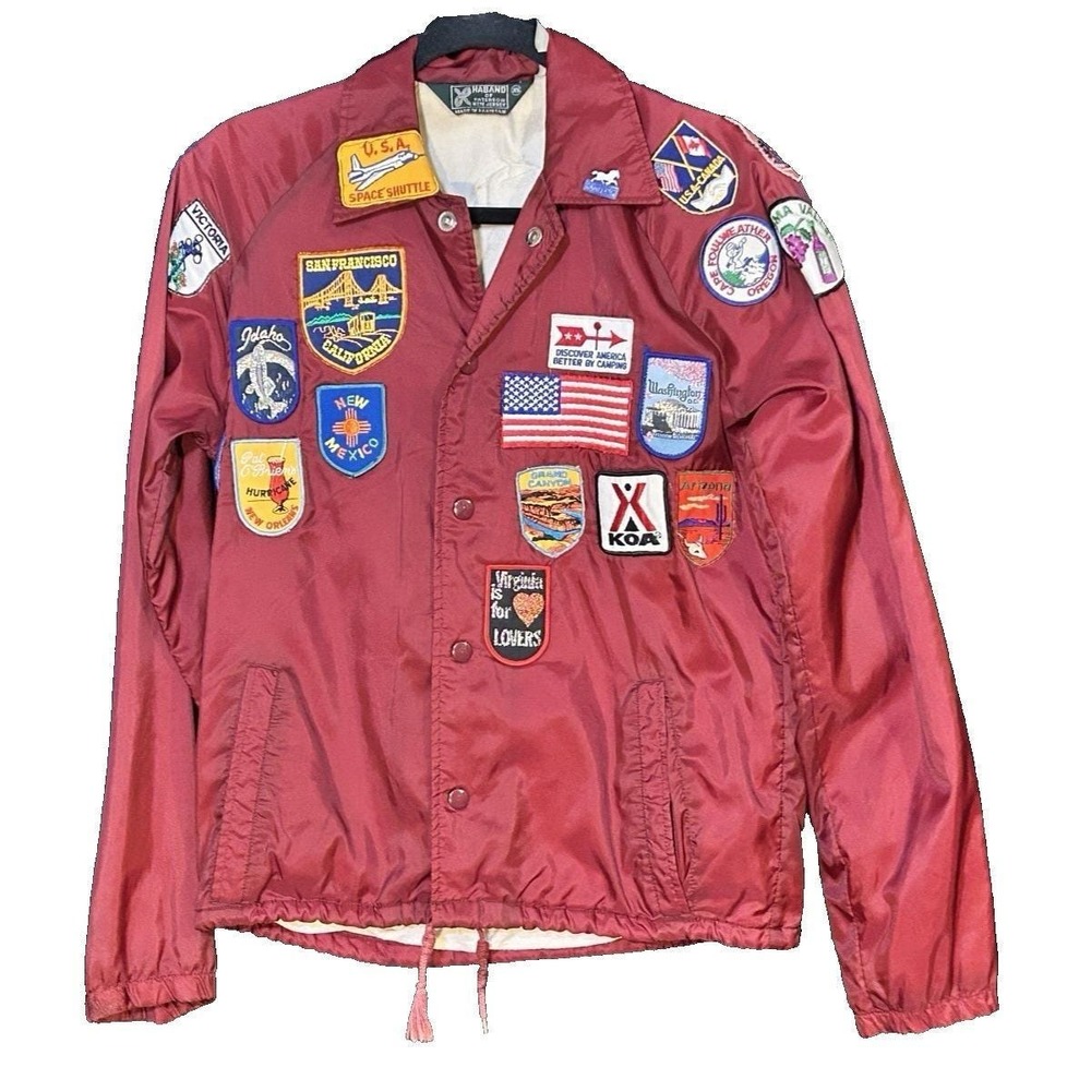 OOAK Men's Vintage Nylon Travel Themed Windbreaker Blue 33 Patches Size XS